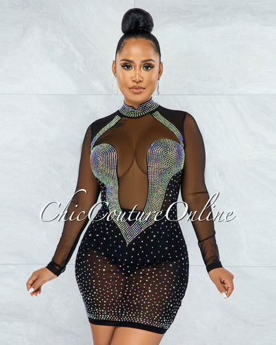 *Fabunni Black Iridescent Rhinestones Mesh Mini Dress