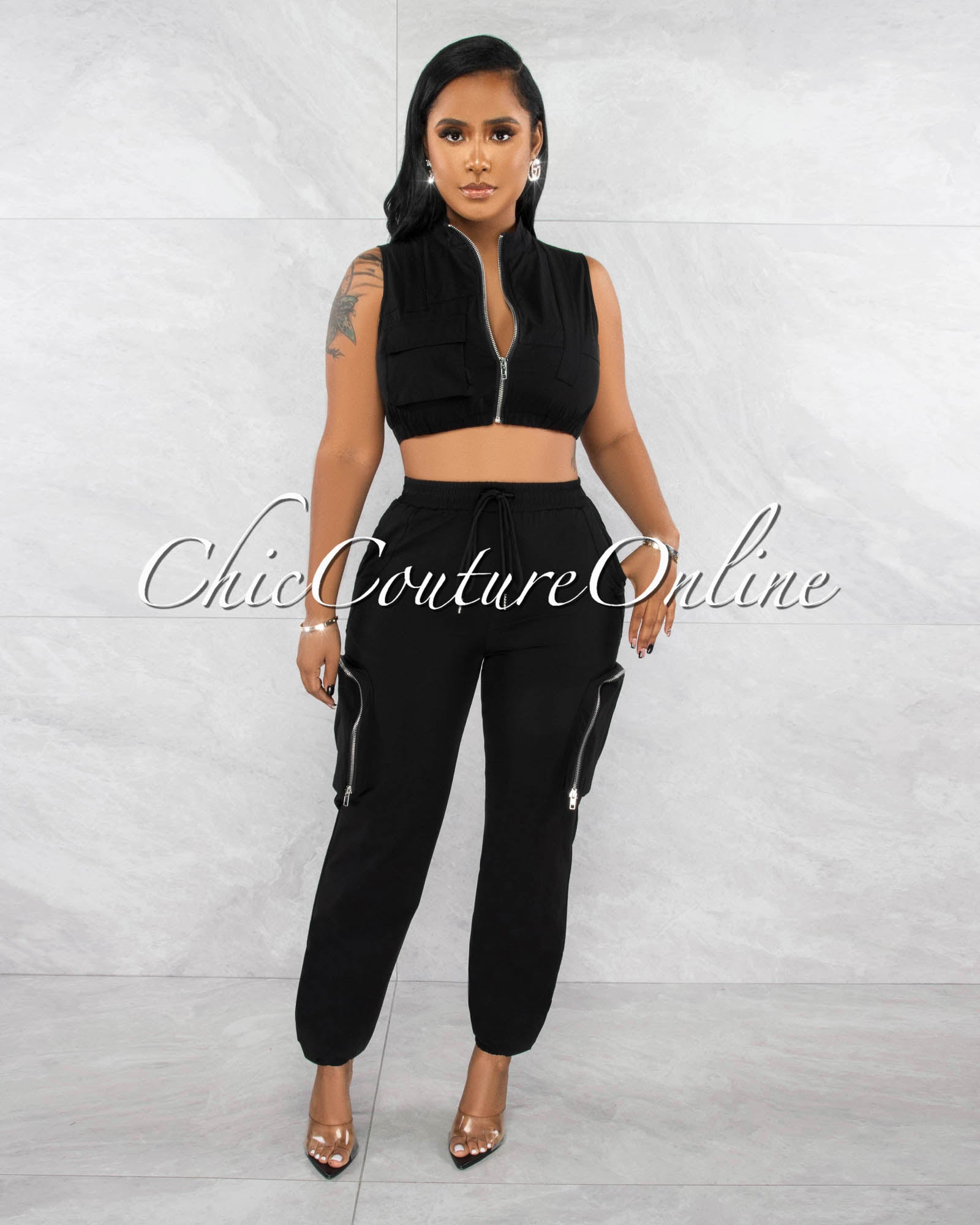*Blassie Black Crop Top & Jogger Cargo Pants Set
