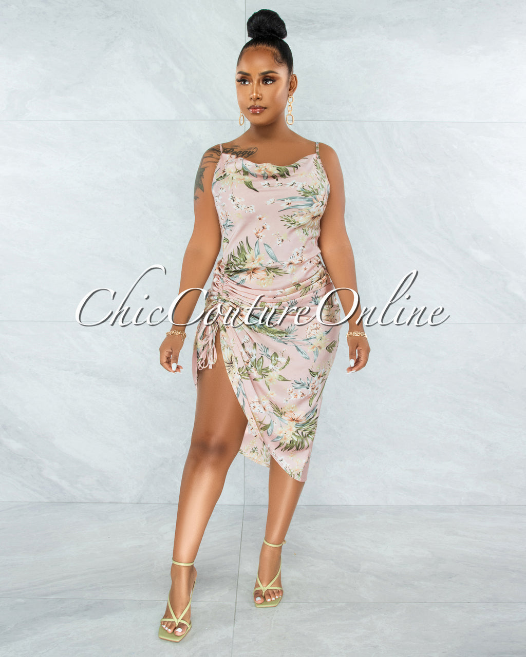 *Farica Baby Pink Floral Print Ruched Side Multi-Way Dress