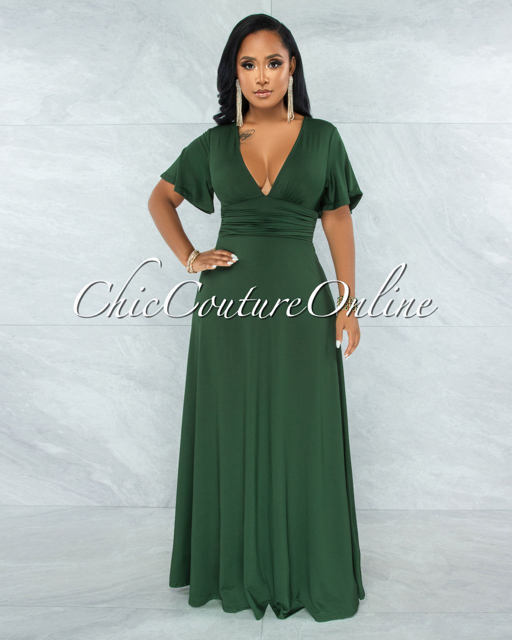 Renee Basil Green Ruched Waistband Maxi Dress