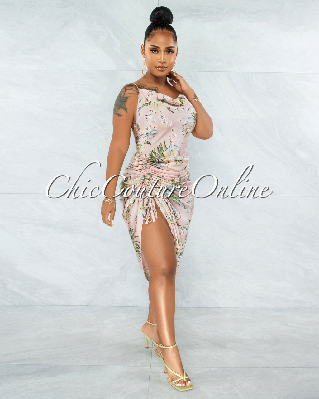 *Farica Baby Pink Floral Print Ruched Side Multi-Way Dress