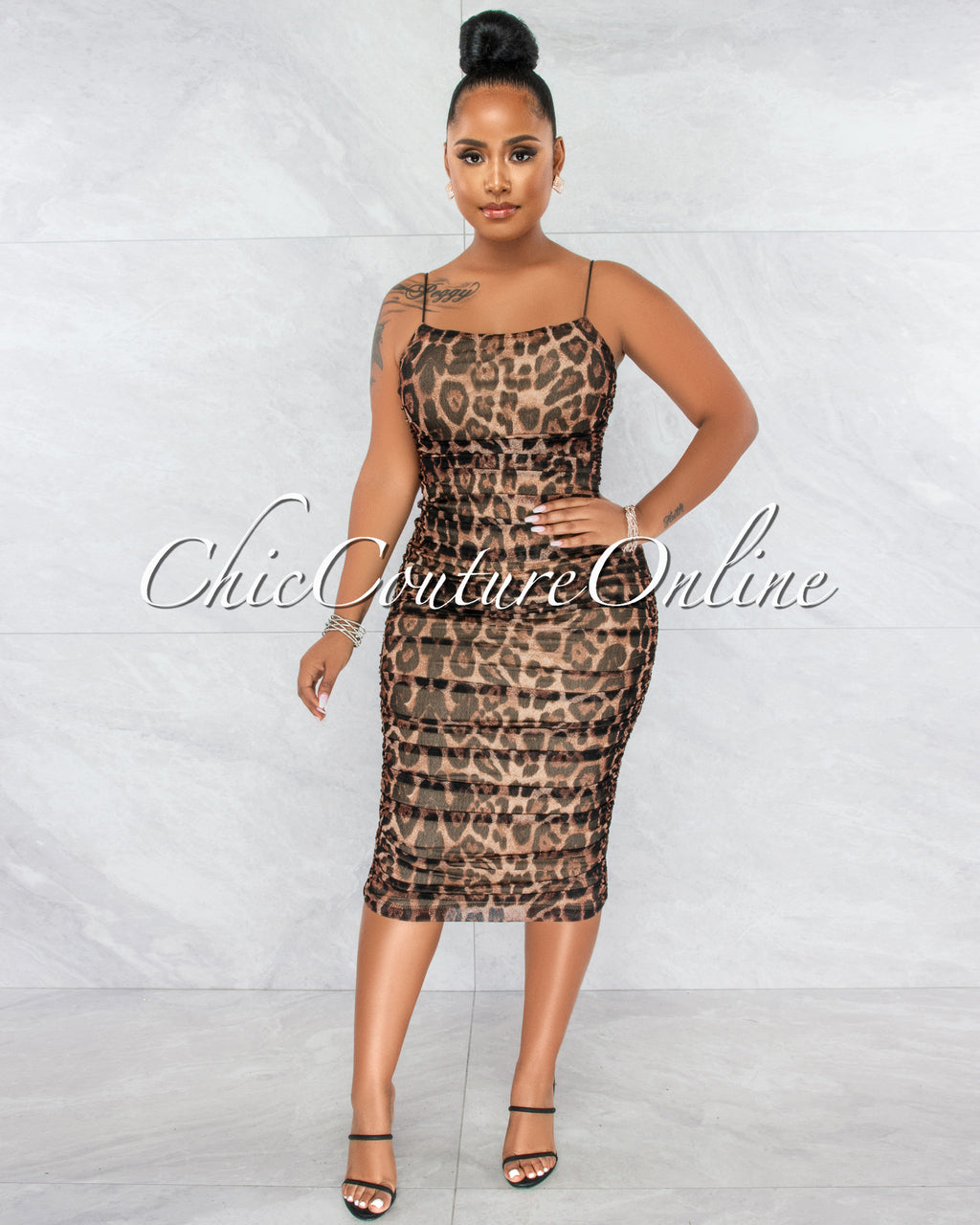 Afia Leopard Print Ruched Midi Dress