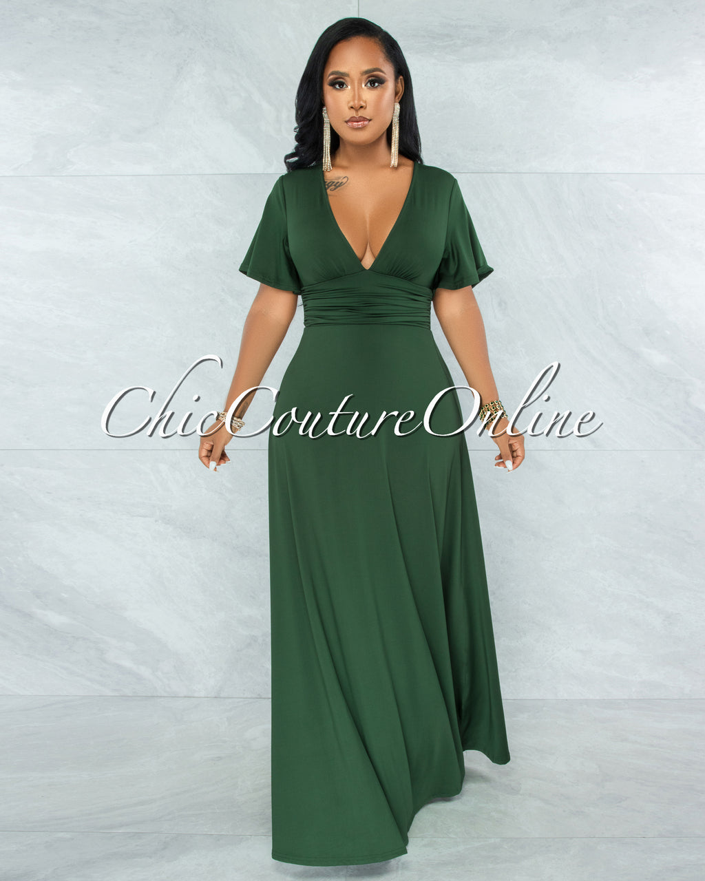 Renee Basil Green Ruched Waistband Maxi Dress