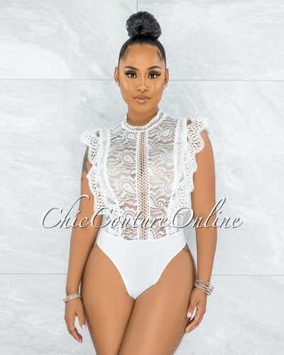 *Dayra Off-White Lace See-Through Crochet Details Bodysuit