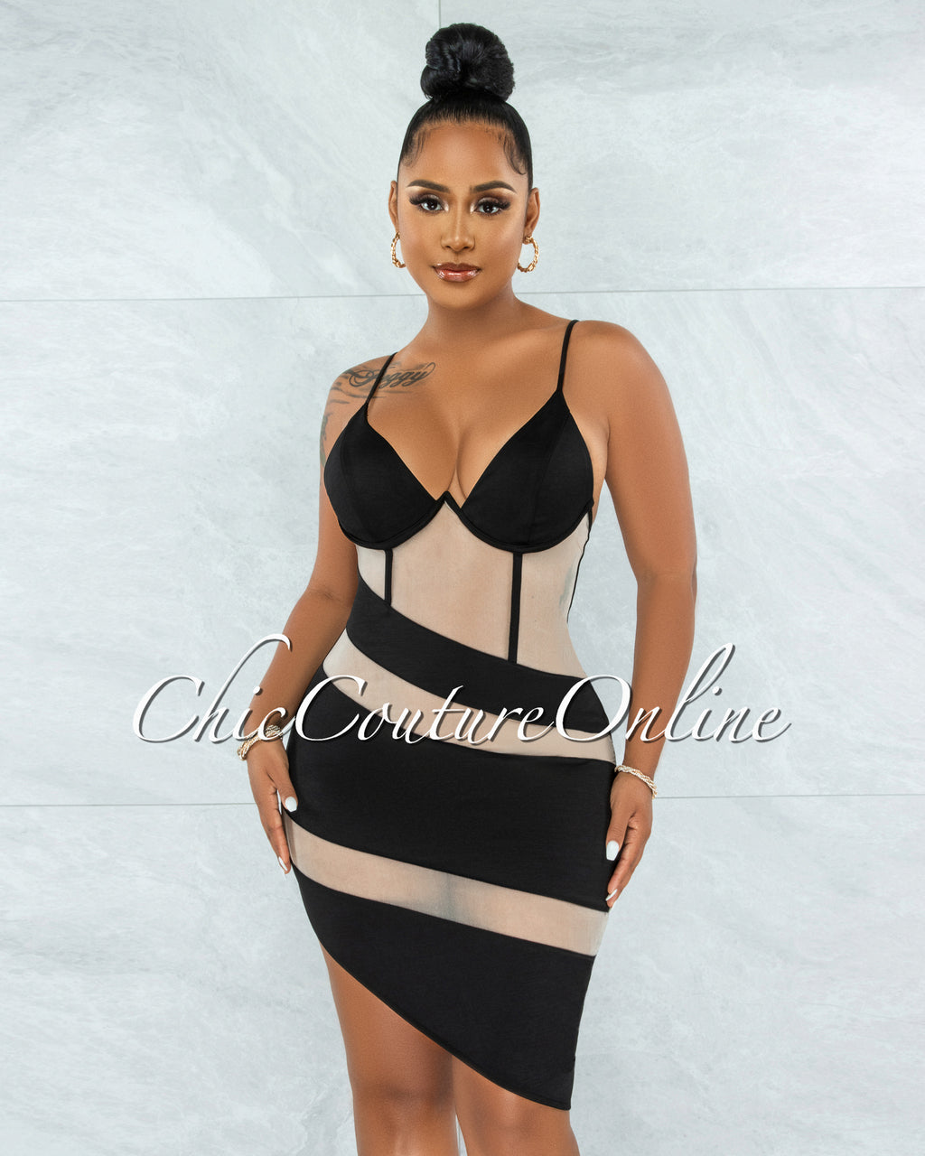 *Moriah Black Nude Mesh Accent Asymmetrical Hem Dress