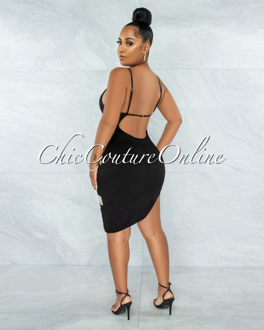 black and nude mesh dress Moriah Black Nude Mesh Accent Asymmetrical Hem Dress – Chic Couture Online
