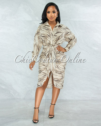 *Olwen Nude Taupe Print Draped Front Tie Shirt Dress