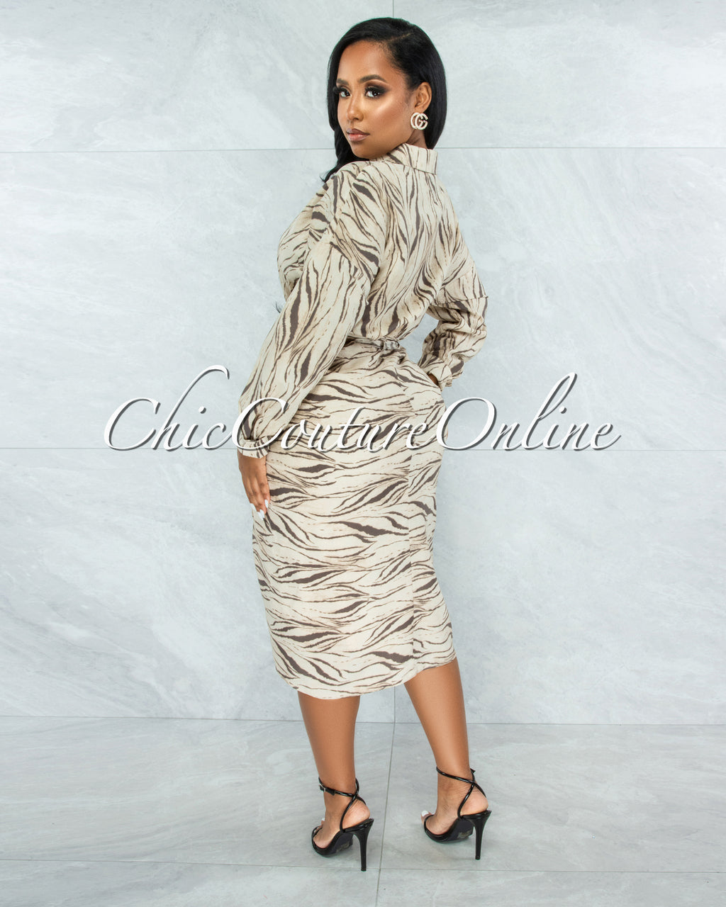 *Olwen Nude Taupe Print Draped Front Tie Shirt Dress