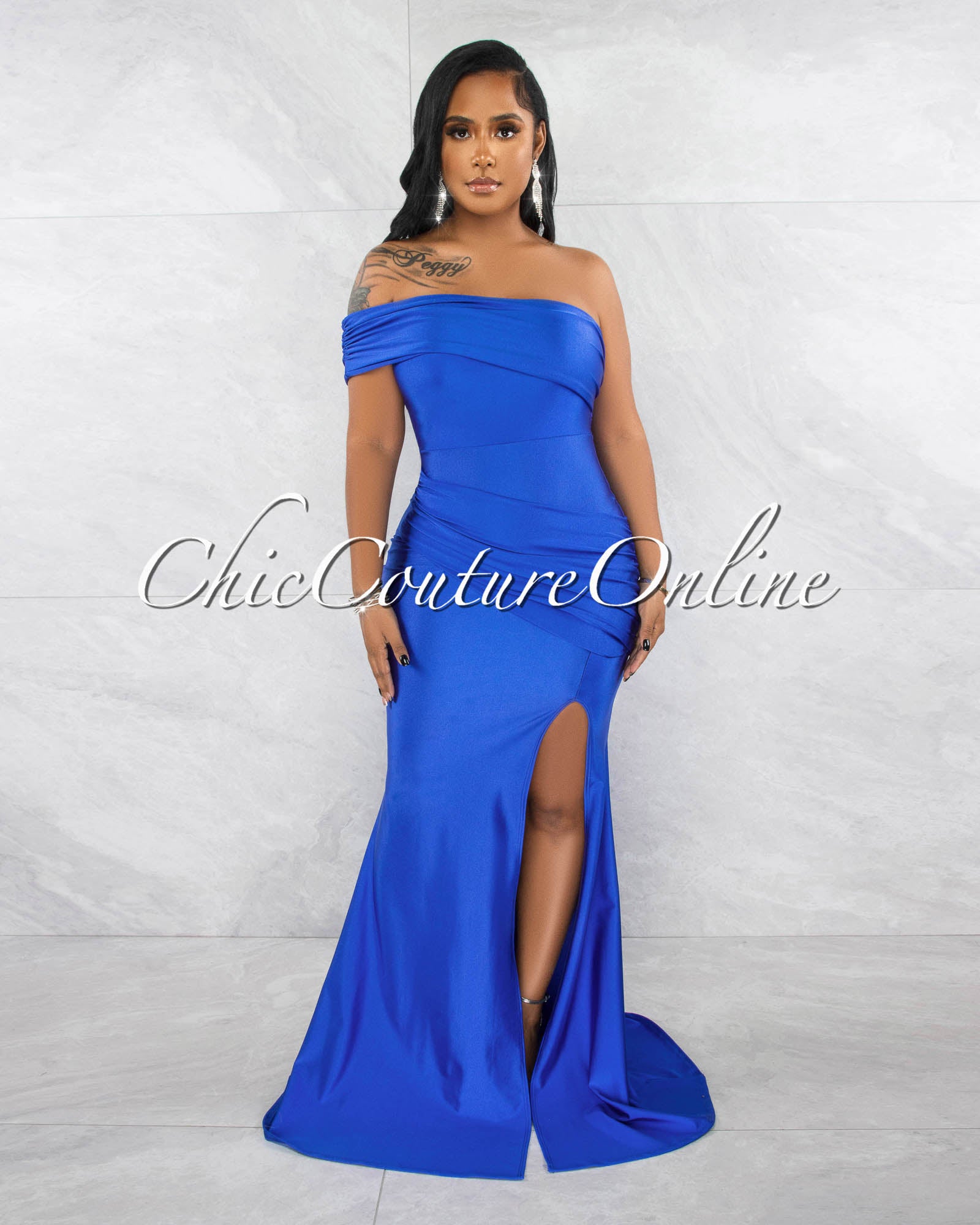 *Hender Royal Blue Drape Single Shoulder Side Slit Maxi Dress