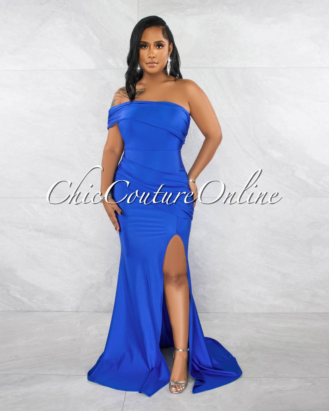 *Hender Royal Blue Drape Single Shoulder Side Slit Maxi Dress