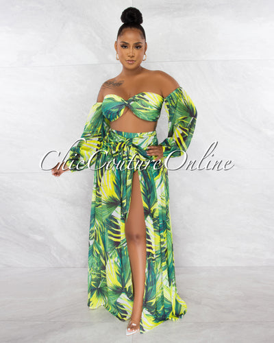 Williana Green Leaf Print Long Sleeves Crop Top & Bikini Skirt Set