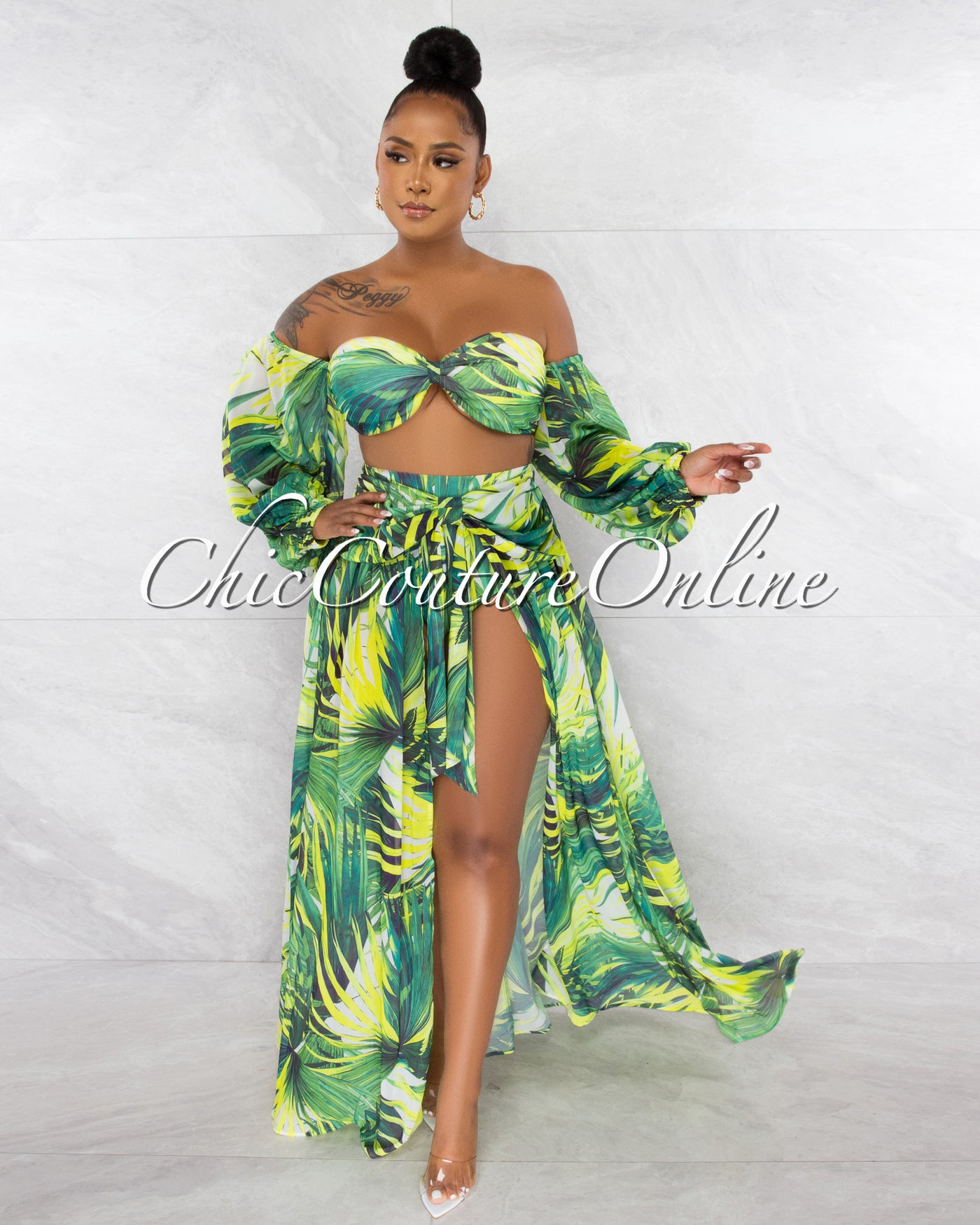 *Williana Green Leaf Print Long Sleeves Crop Top & Bikini Skirt Set