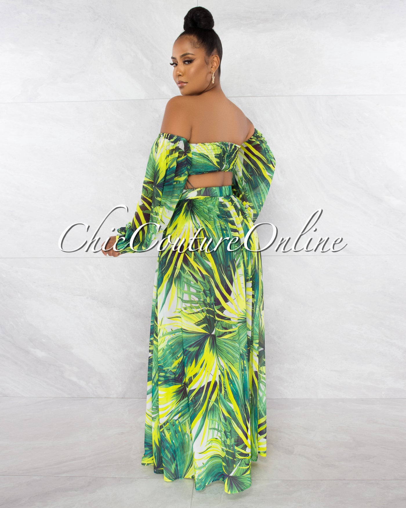 *Williana Green Leaf Print Long Sleeves Crop Top & Bikini Skirt Set