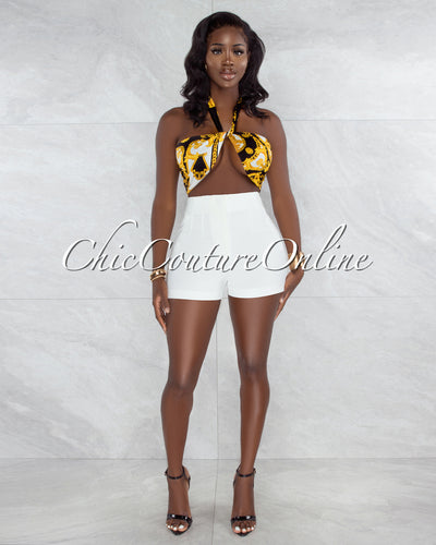 *Gilboa Black Gold Chain Print Multi-Way Halter Crop Top