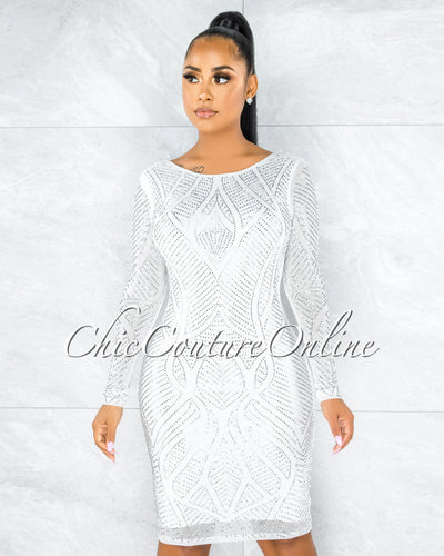 Neander Off- White Rhinestones Midi Dress