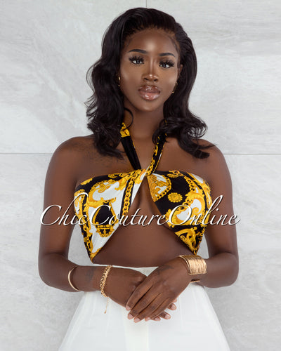 *Gilboa Black Gold Chain Print Multi-Way Halter Crop Top
