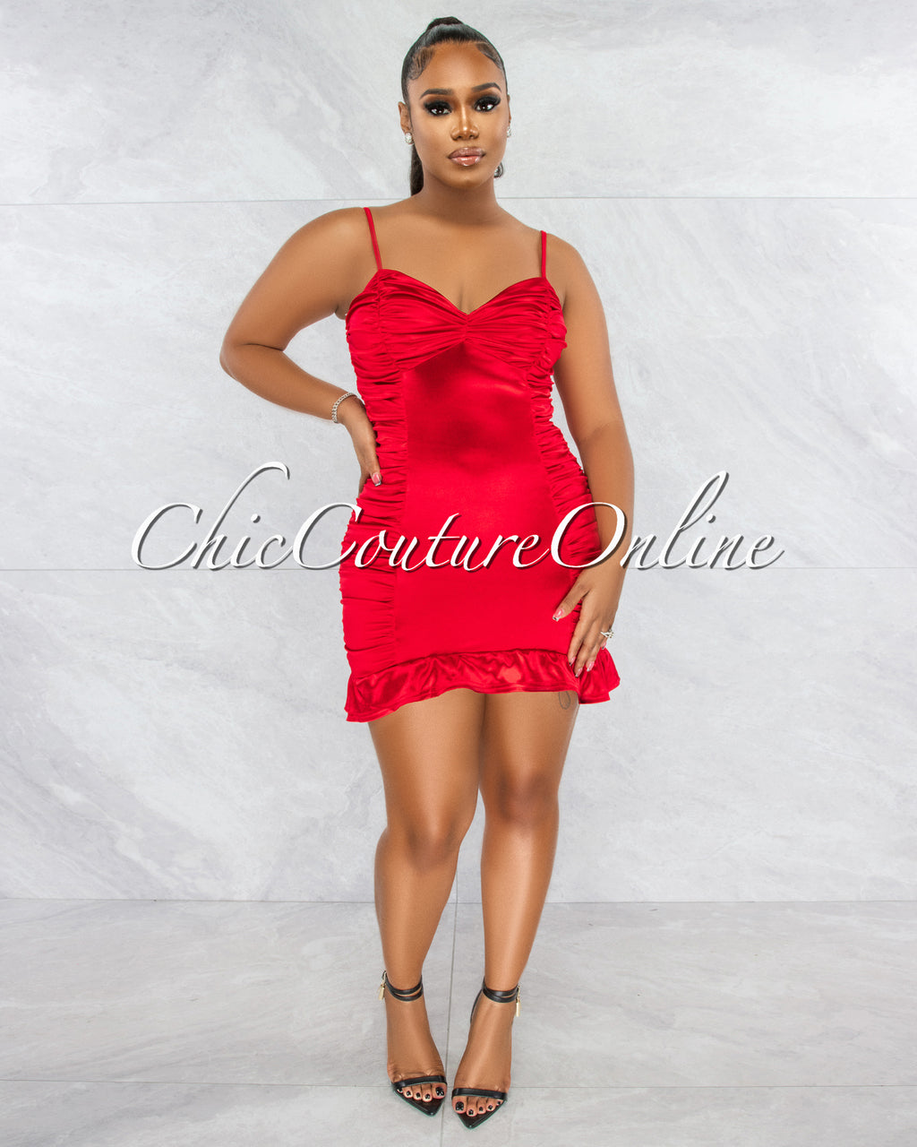 *Crissan Red Satin Ruched Ruffle Mini Dress