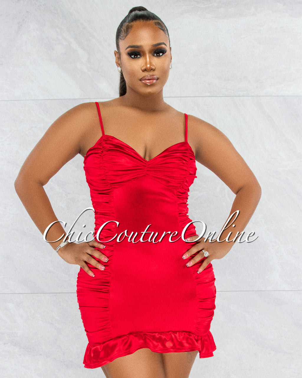 *Crissan Red Satin Ruched Ruffle Mini Dress