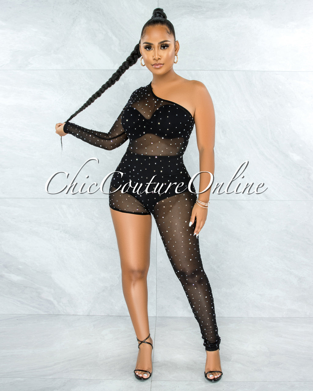 Mason Black Mesh Rhinestones Single Leg Jumpsuit