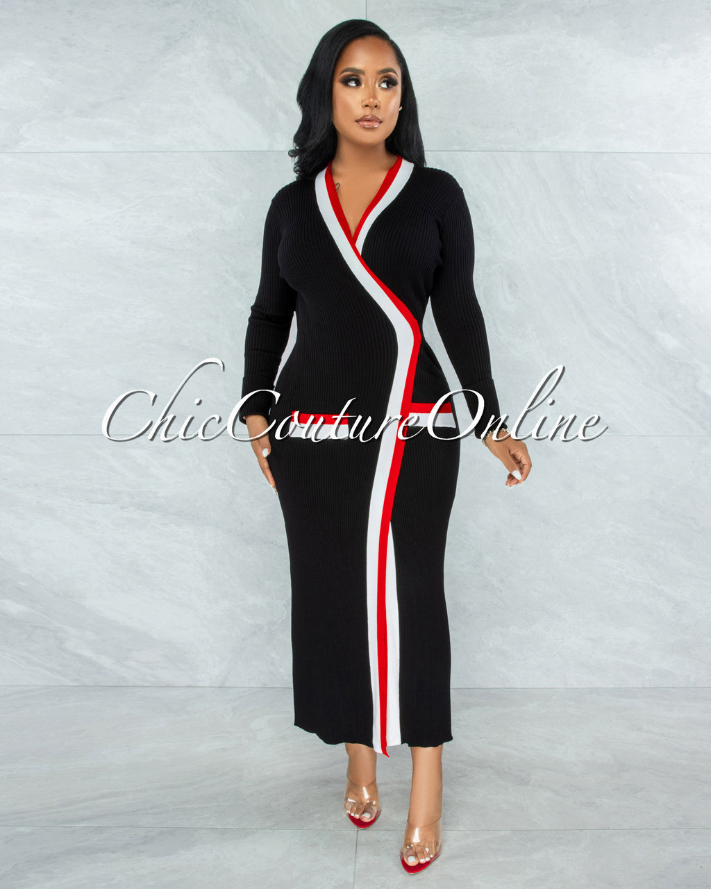 Sassy Black Red White Trim Sweater Cardi Dress