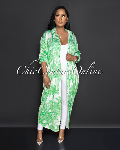 *Mirtha Green Print Silky Maxi Shirt Duster Dress