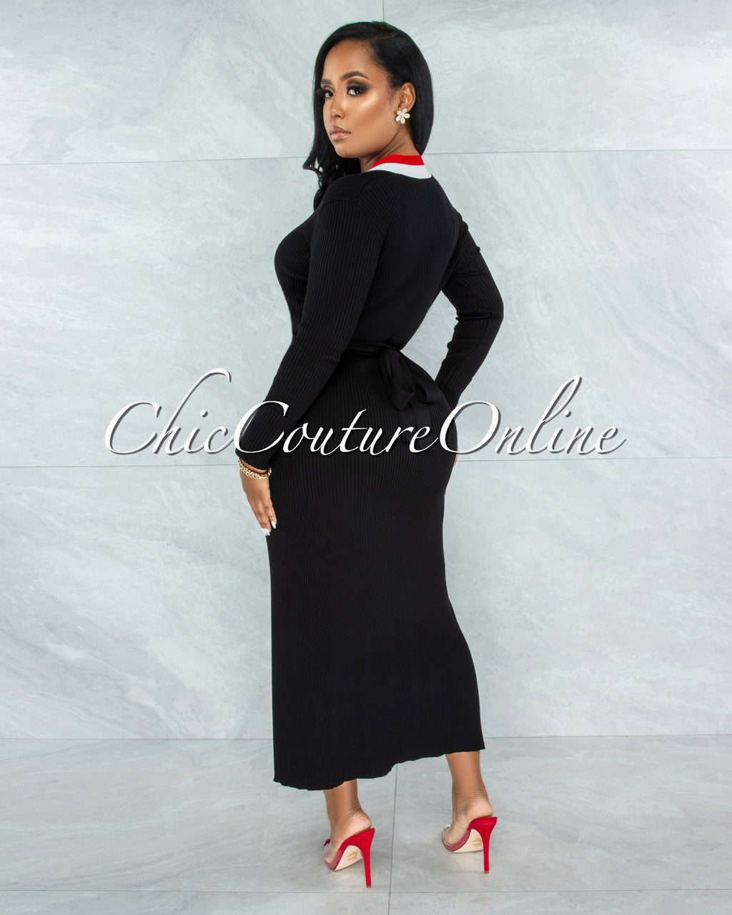 Sassy Black Red White Trim Sweater Cardi Dress