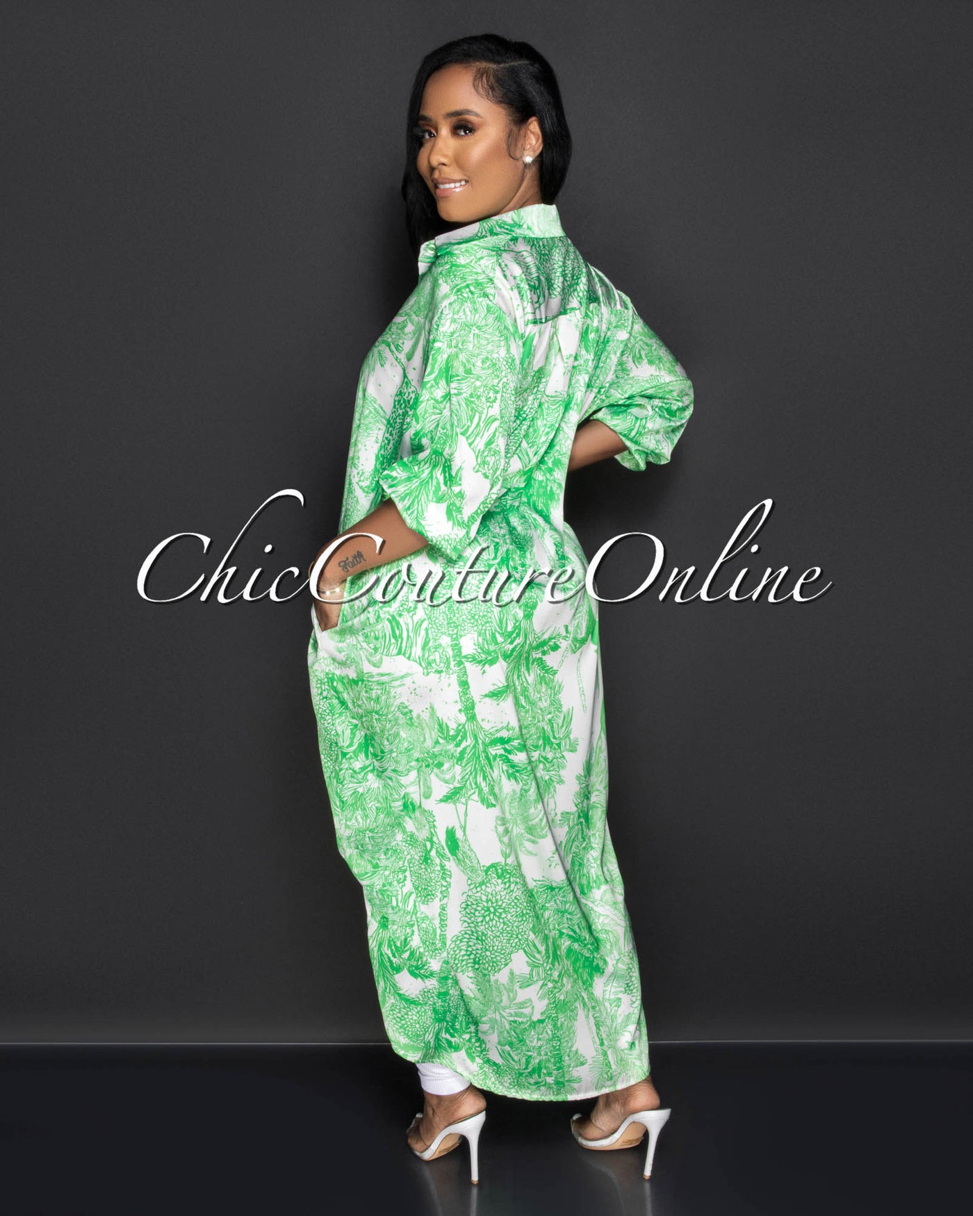 *Mirtha Green Print Silky Maxi Shirt Duster Dress