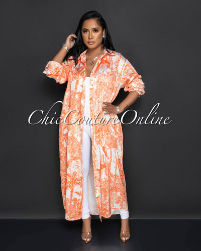 *Mirtha Orange Print Silky Maxi Shirt Duster Dress