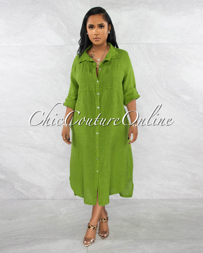 *Ransley Olive Front Buttons Shirt LINEN Maxi Dress