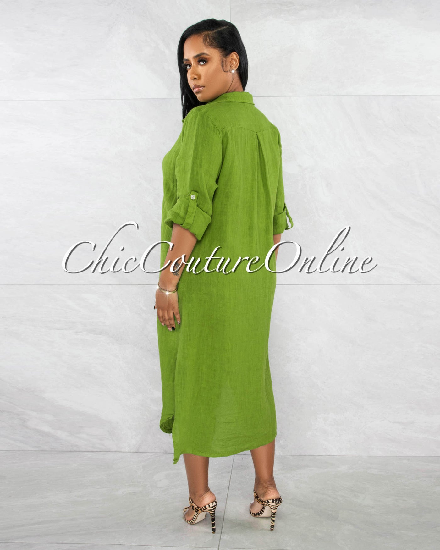 *Ransley Olive Front Buttons Shirt LINEN Maxi Dress