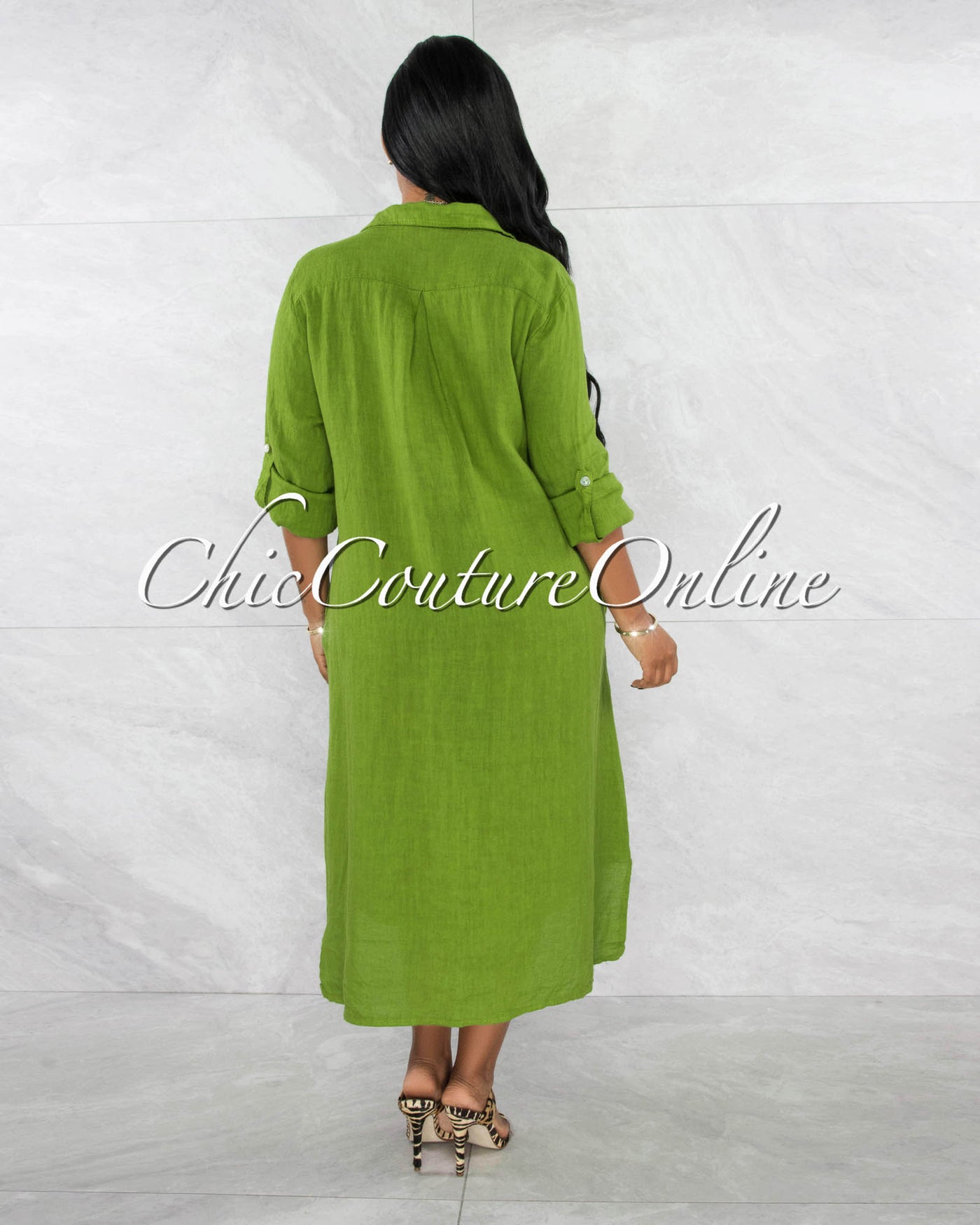 *Ransley Olive Front Buttons Shirt LINEN Maxi Dress