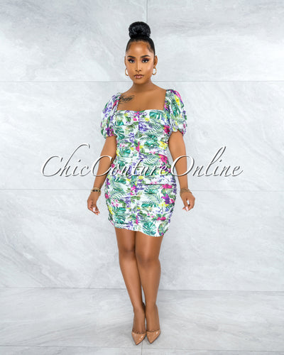 *Ishana White Floral Print Front Buttons Ruched Mini Dress