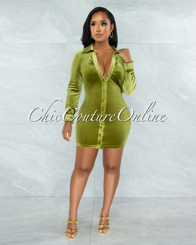 *Giovanna Pickle Green Velvet Buttons Drape Shirt Mini Dress