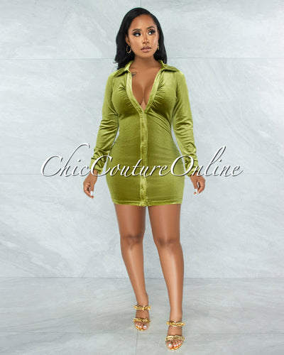 *Giovanna Pickle Green Velvet Buttons Drape Shirt Mini Dress