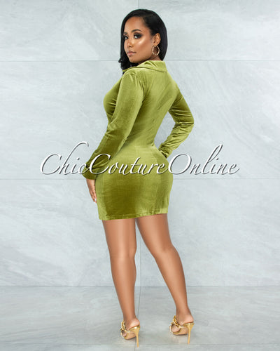 *Giovanna Pickle Green Velvet Buttons Drape Shirt Mini Dress