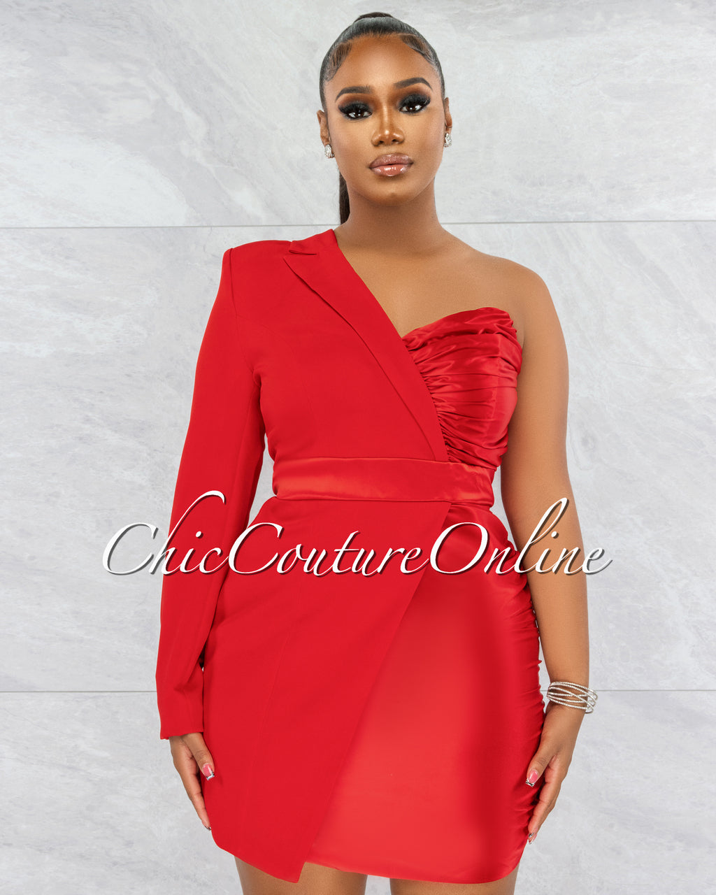 *Marty Red Satin Tuxedo Single Sleeve Dress