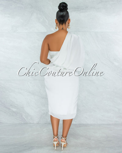 *Legia White Draped Single Shoulder Midi Dress