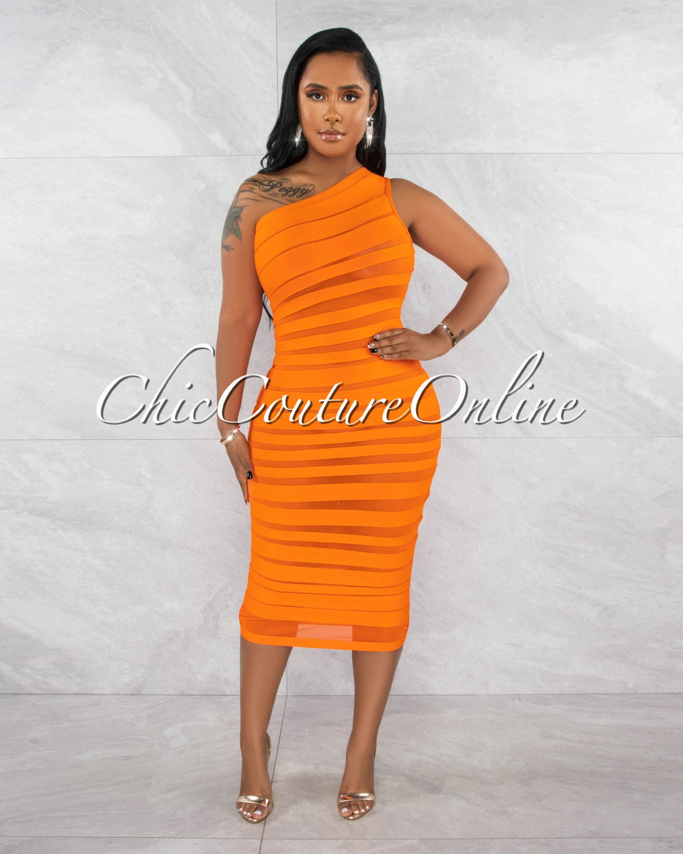 Raimy Orange Mesh Accent Stripes Bandage Midi Dress
