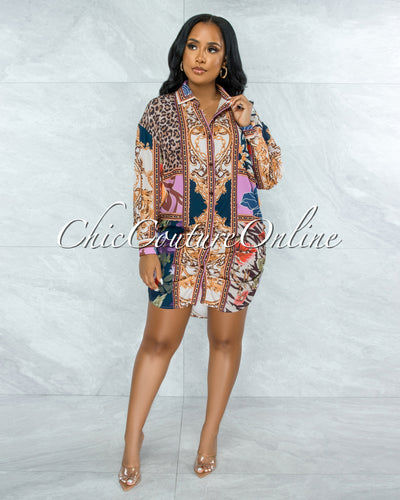 *Pleun Brown Pink Multi-Color Print Buttons Drape Shirt Dress