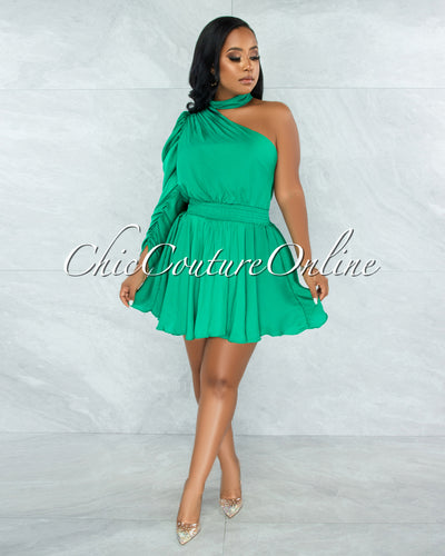 Harana Kelly Green Single Shoulder Mock Neckline Dress