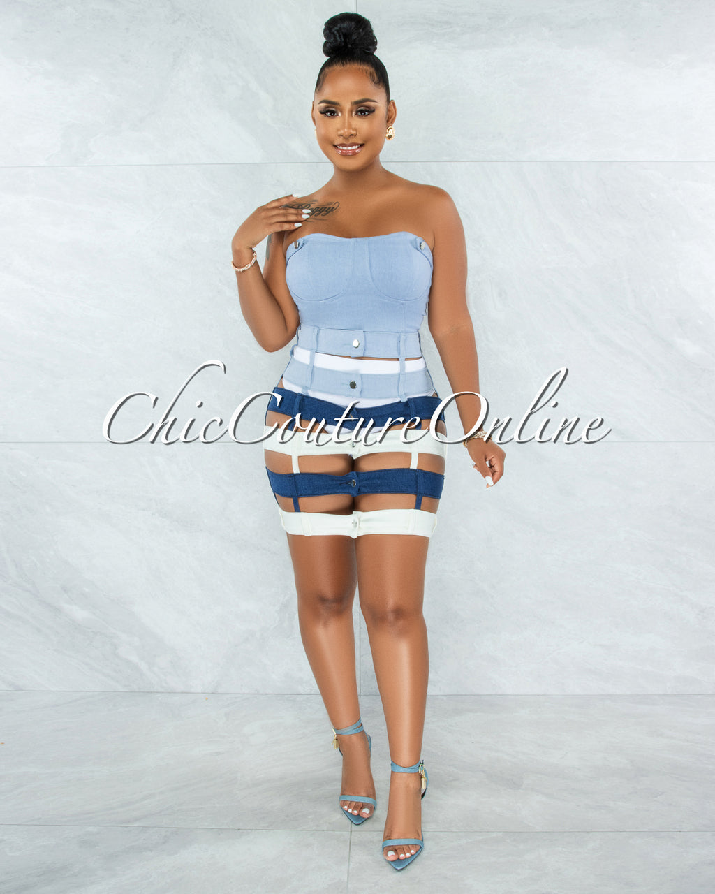 *Odanda Blue White Crop Top & Denim Waistbands Skirt Set