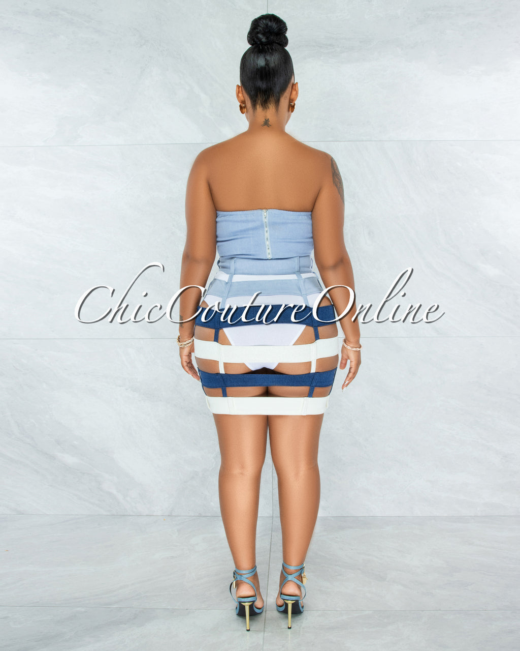 *Odanda Blue White Crop Top & Denim Waistbands Skirt Set