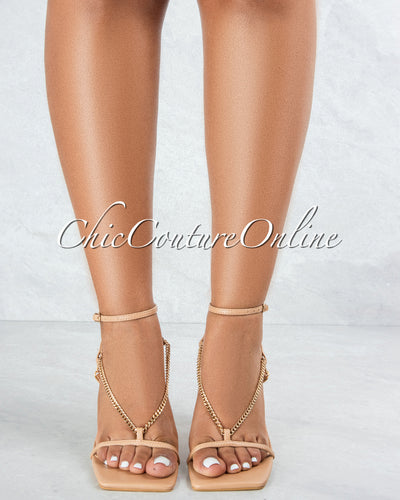 Dreamy Nude Straps Gold Link Ankle Buckle Heel Sandals