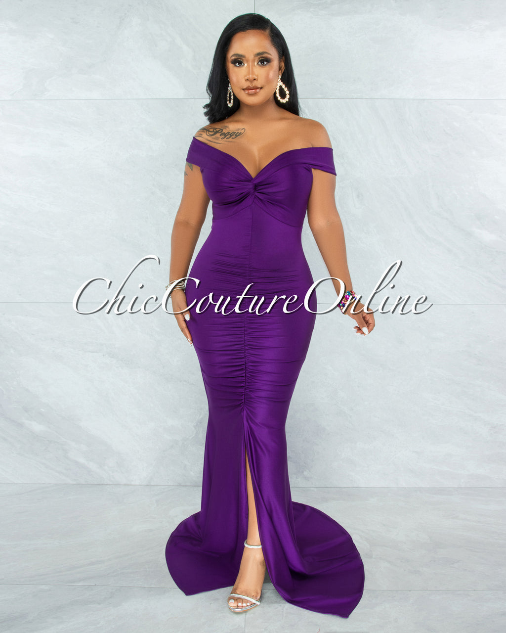 Glenna Purple Front Knot Ruched Slit Maxi Dress
