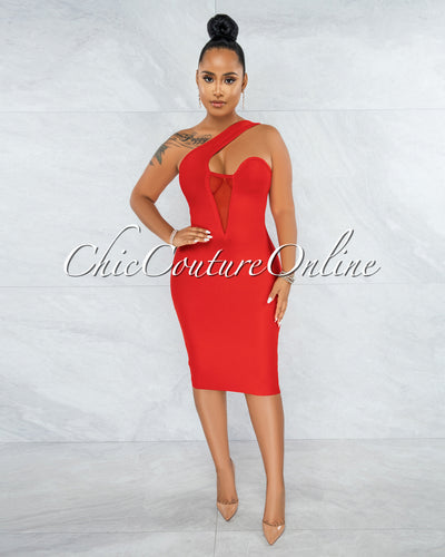 Vista Cherry Red Single Shoulder Bandage Dress