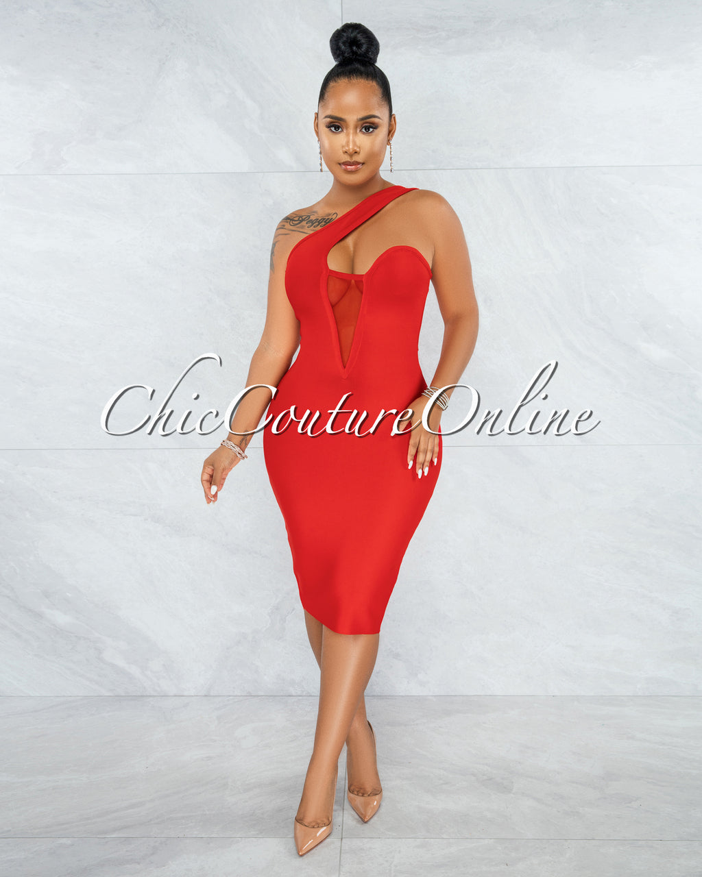 Vista Cherry Red Single Shoulder Bandage Dress