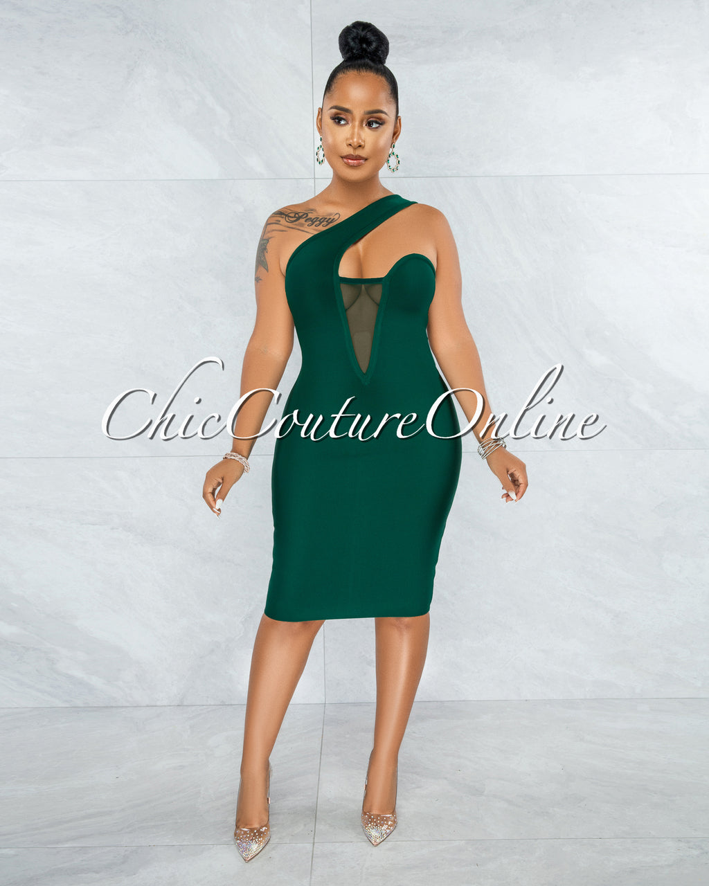 Vista Hunter Green Single Shoulder Design Bandage Dress