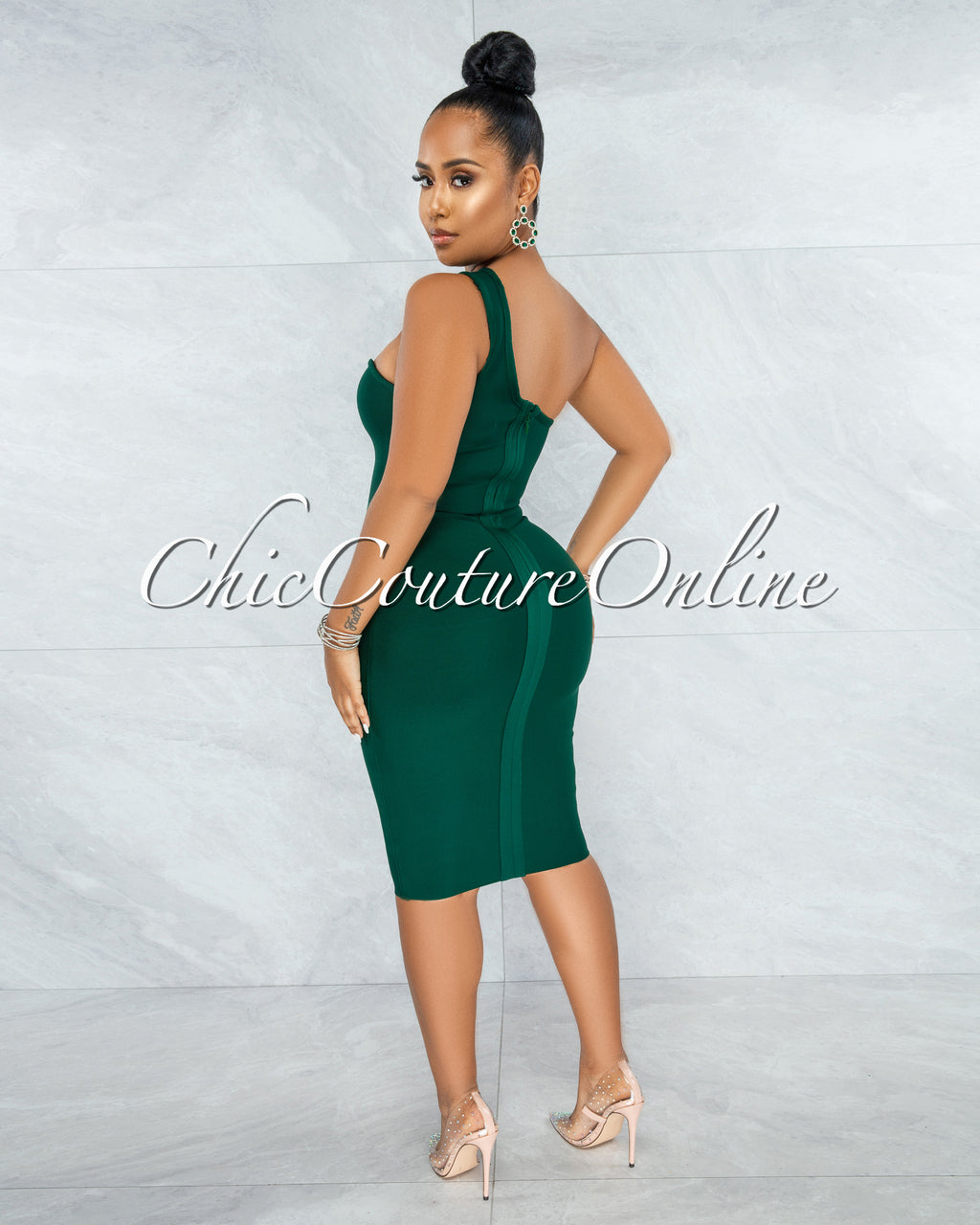 Vista Hunter Green Single Shoulder Design Bandage Dress