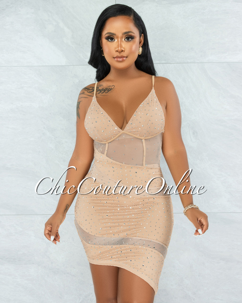 *Yovela Nude Rhinestones Mesh Hi-Lo Dress