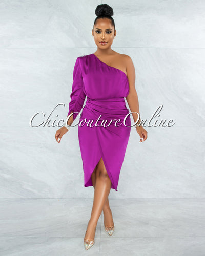 *Folgar Purple Draped Single Shoulder Midi Dress
